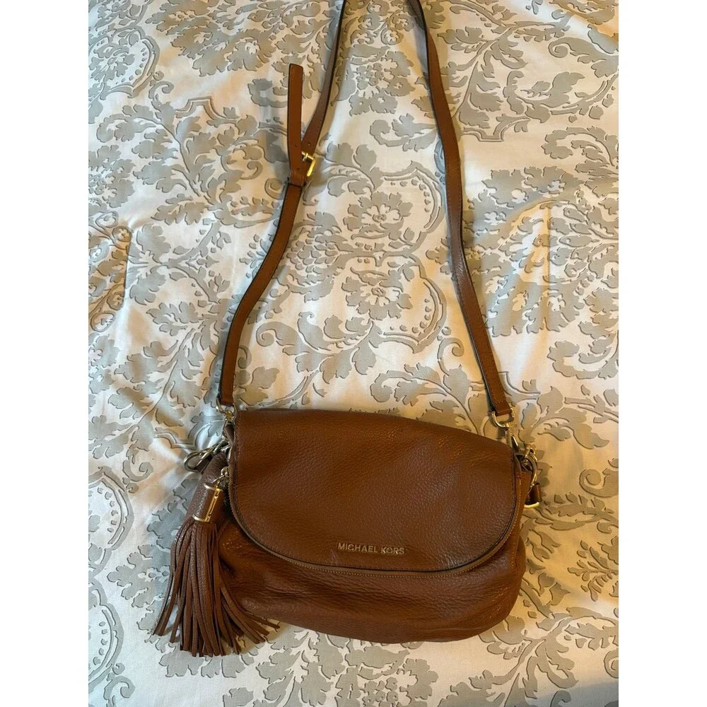 Brown Leather Michael Kors Bedford Tassel Crossbody Purse